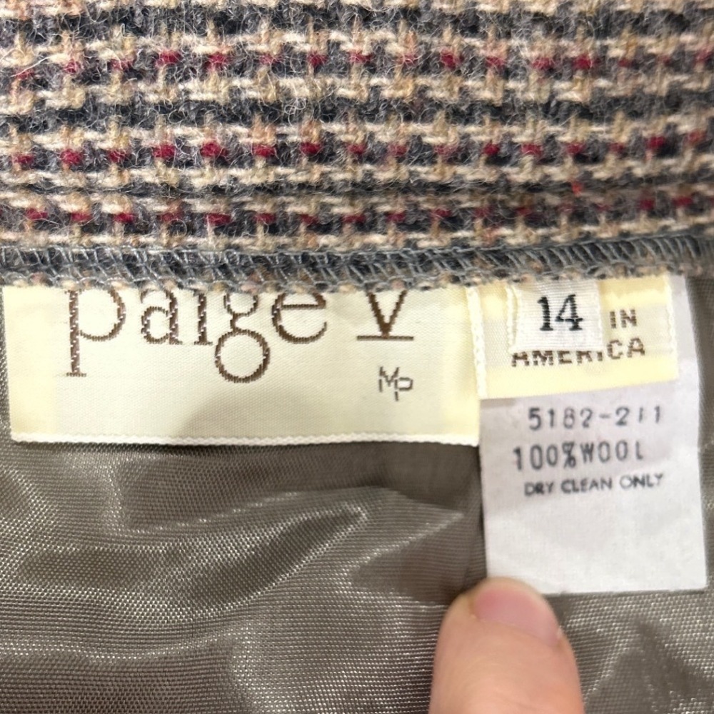Paige V Vintage Sz 14 100% Wool Tweed Pencil Skirt Gray Brown Plaid Made in USA - Picture 2 of 5
